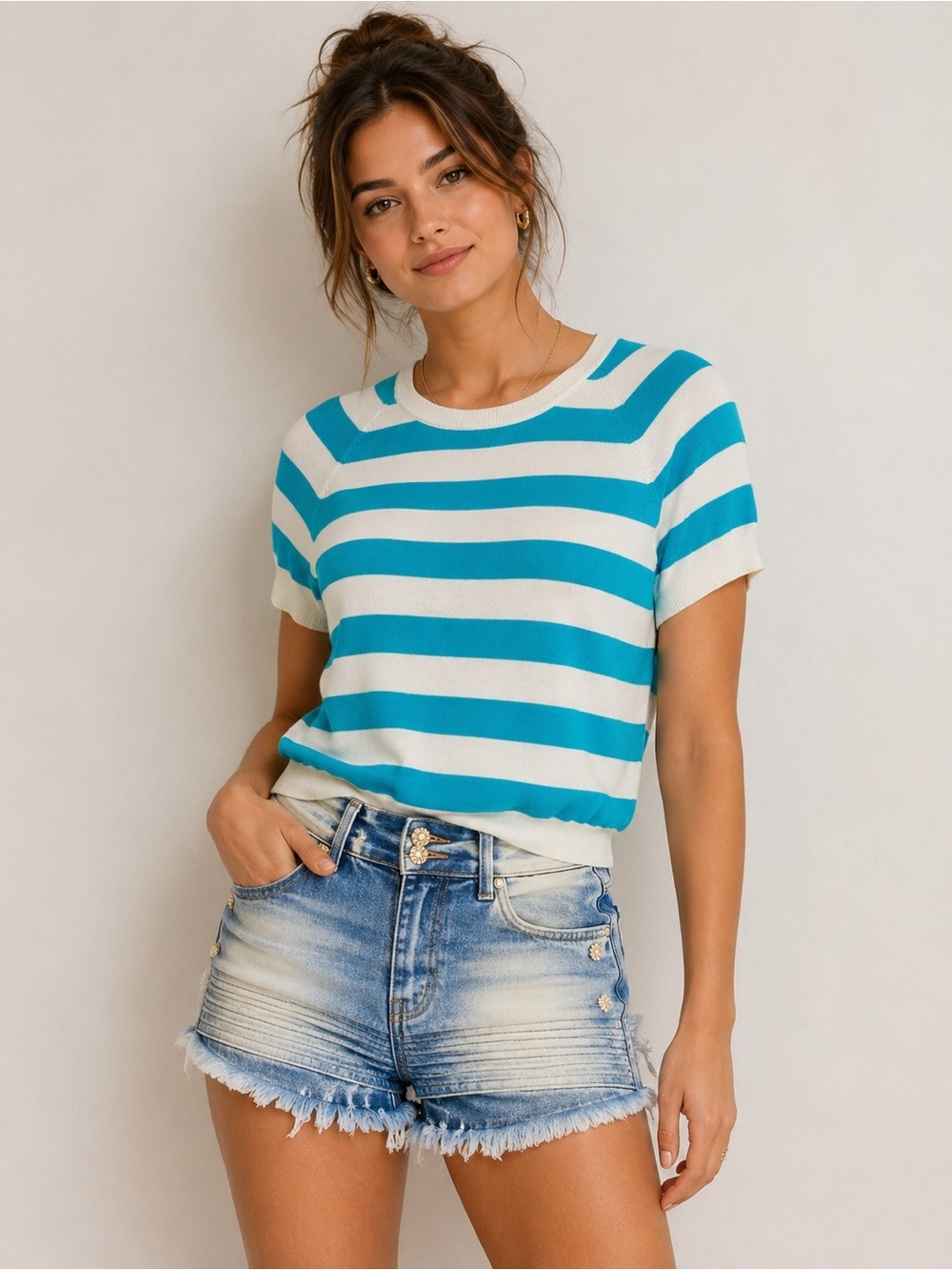 Talbots 100% Cashmere Striped Short Sleeve Sweater Top Blue White Size Medium